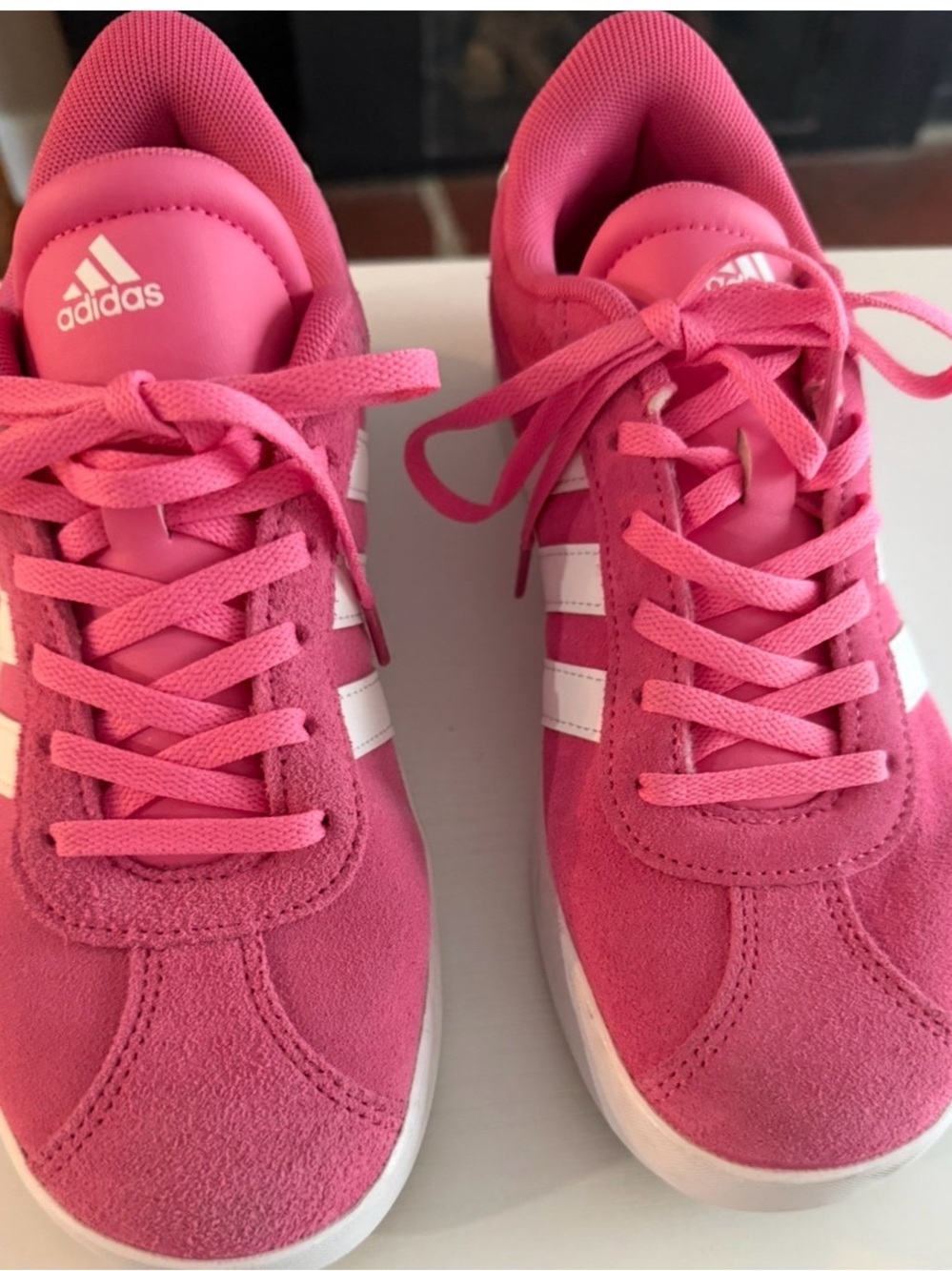 adidas Women’s Pink Suede Casual Sneakers with White Stripes